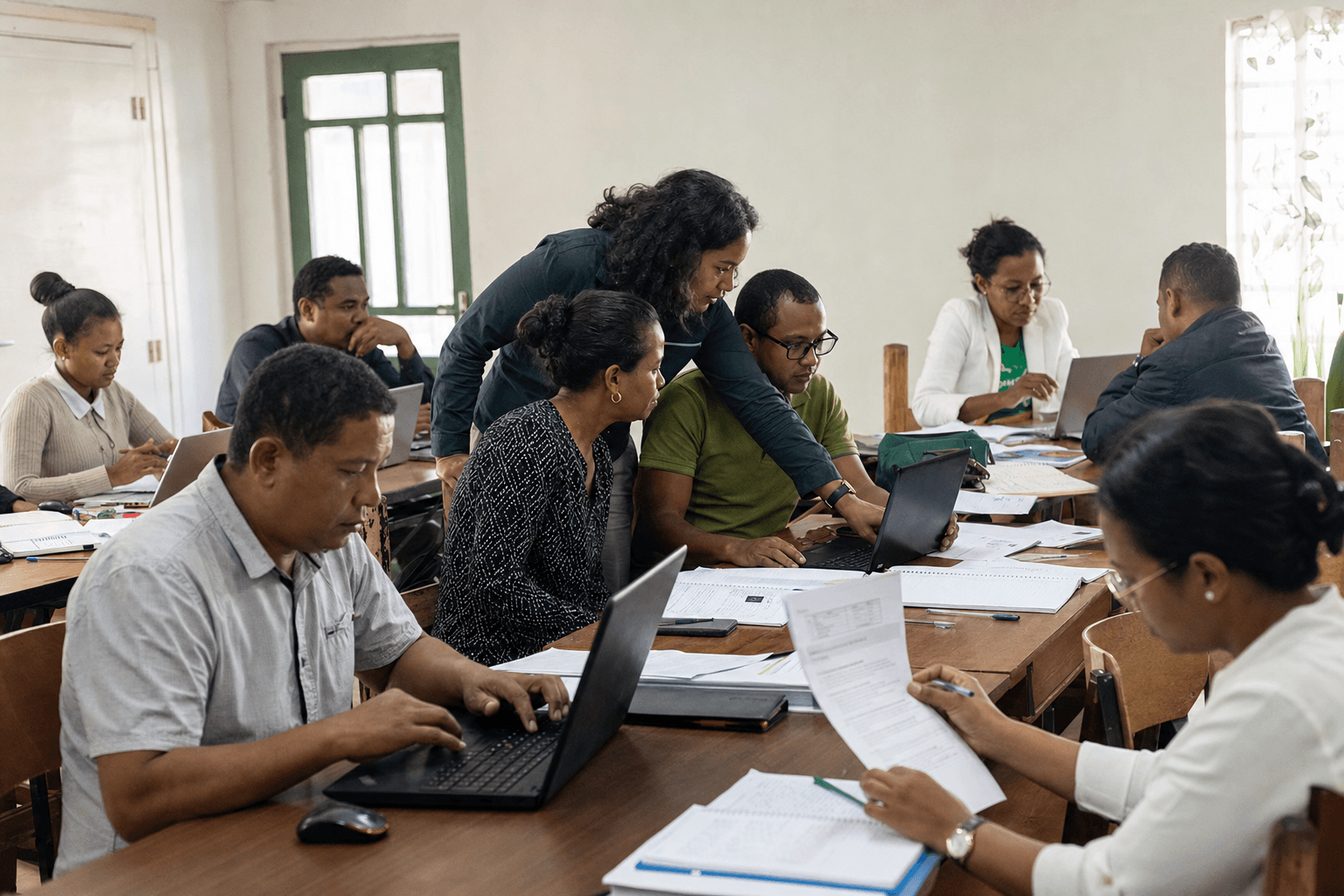 Professionnels malgaches travaillant sur ordinateurs et documents pendant un atelier à Antananarivo